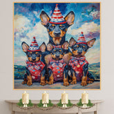 Mother Doberman Pinscher with Three Puppies in Patriotic Outfits and Hats on Ready to Hang 1.5" Thick Canvas Wrap, Floating Framed Canvas, Flat Rolled Canvas